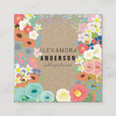 Kleurrijke Bloemen Kraft Papier Vierkante Visiteka Vierkante Visitekaartje (Voorkant)