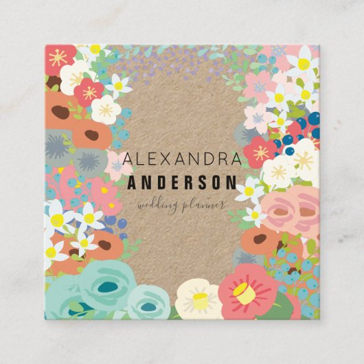 Kleurrijke Bloemen Kraft Papier Vierkante Visiteka Vierkante Visitekaartje (Voorkant)
