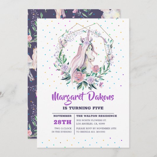 Kleurrijke bloemen krans & eenhoorn feestdagenkaart (Voorkant / Achterkant)