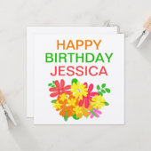 Kleurrijke bloemen laat Happy Birthday-naam achter Kaart (Voorkant / Achterkant in situ)