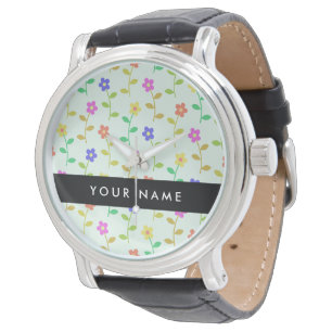 Kleurrijke Bloemen, Lichtgroene Achtergrond, Zwart Horloge