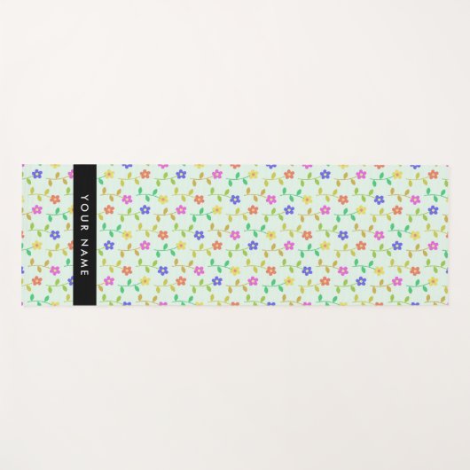 Kleurrijke bloemen, lichtgroene achtergrond, zwart yogamat