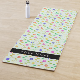 Kleurrijke bloemen, lichtgroene achtergrond, zwart yogamat