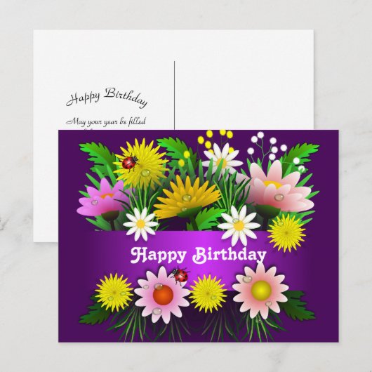 Kleurrijke Bloemen Lieveheersbeestjes Waterverf Ve Briefkaart (Voorkant / Achterkant)