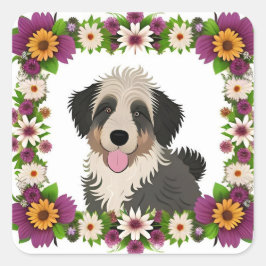 Kleurrijke Bloemen Lijst met Schattigee Hond Illus Vierkante Sticker