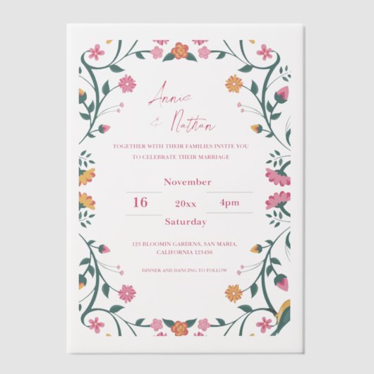 Kleurrijke Bloemen Lijst Script Wedding Vellum Uitnodigingen (Voorkant)