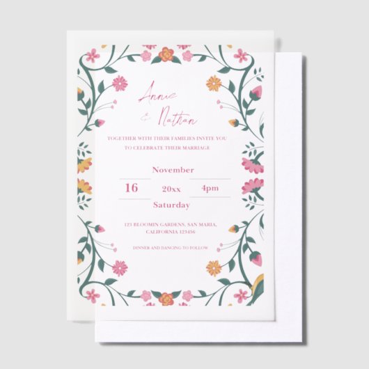  Kleurrijke Bloemen Lijst Script Wedding Vellum Uitnodigingen (Offset)