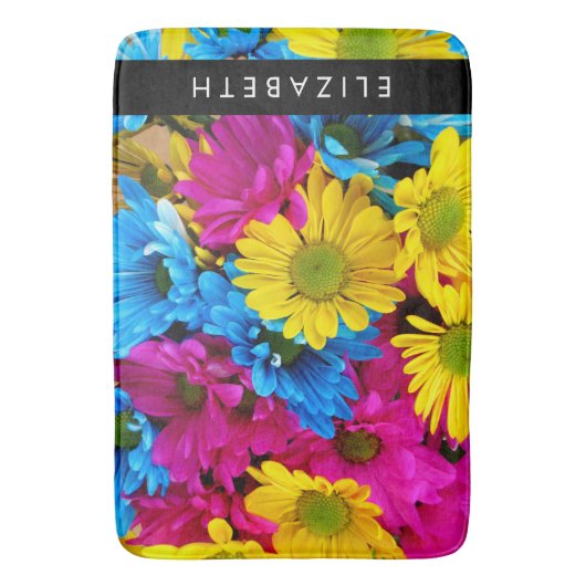 Kleurrijke bloemen, madeliefjes, boho, Jouw naam Badmat (Voorkant Verticaal)