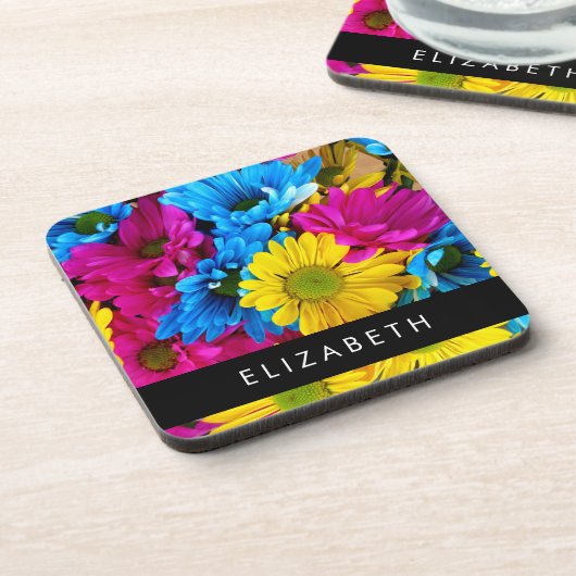 Kleurrijke bloemen, madeliefjes, boho, Jouw naam Bier Onderzetter (Linkerzijde)