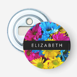 Kleurrijke bloemen, madeliefjes, boho, Jouw naam Button Flesopener