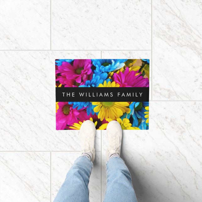 Kleurrijke bloemen, madeliefjes, boho, Jouw naam Deurmat (Binnen)