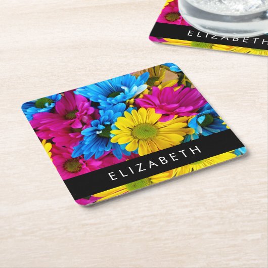 Kleurrijke bloemen, madeliefjes, boho, Jouw naam Kartonnen Onderzetters (Schuin)