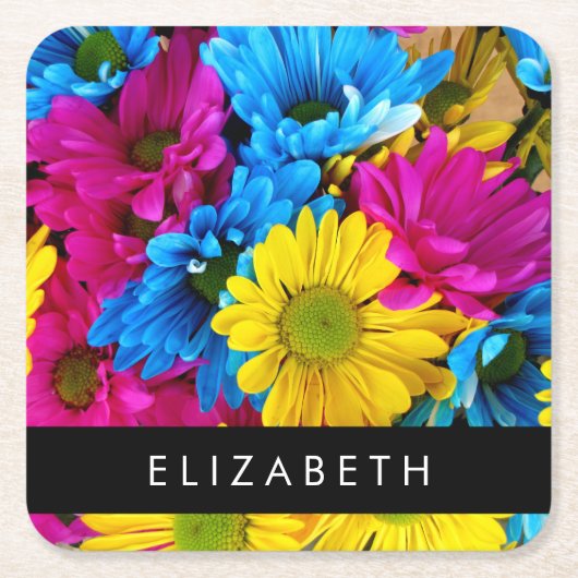 Kleurrijke bloemen, madeliefjes, boho, Jouw naam Kartonnen Onderzetters (Voorkant)