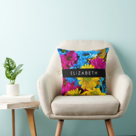 Kleurrijke bloemen, madeliefjes, boho, Jouw naam Kussen