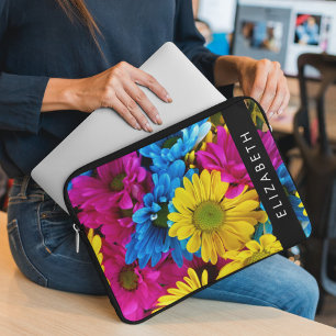 Kleurrijke bloemen, madeliefjes, boho, Jouw naam Laptop Sleeve