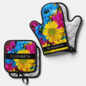 Kleurrijke bloemen, madeliefjes, boho, Jouw naam Ovenwant & Pannenlap Set (Voorkant / Achterkant)