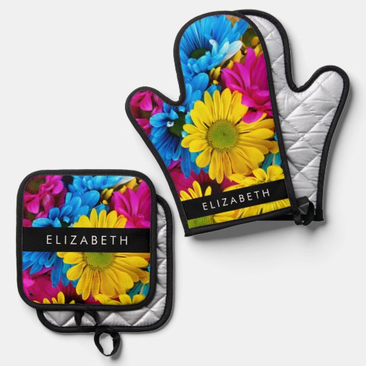 Kleurrijke bloemen, madeliefjes, boho, Jouw naam Ovenwant & Pannenlap Set (Voorkant / Achterkant)