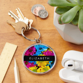 Kleurrijke bloemen, madeliefjes, boho, Jouw naam Sleutelhanger