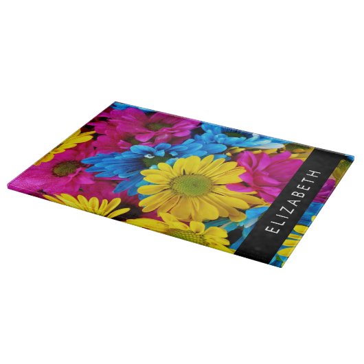 Kleurrijke bloemen, madeliefjes, boho, Jouw naam Snijplank (Hoek)