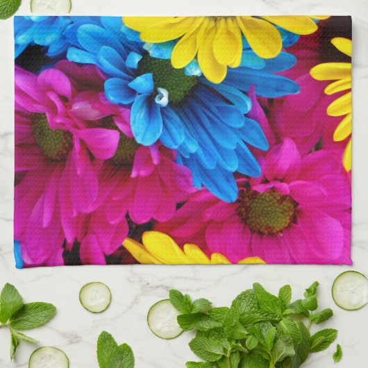 Kleurrijke bloemen, madeliefjes, boho, Jouw naam Theedoek (Gevouwen)