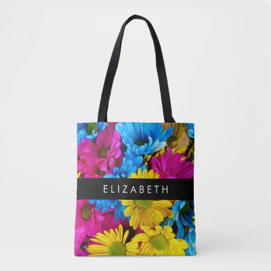 Kleurrijke bloemen, madeliefjes, boho, Jouw naam Tote Bag (Voorkant)