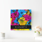 Kleurrijke bloemen, madeliefjes, boho, Jouw naam Vierkante Klok (Huis)