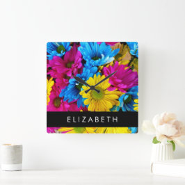 Kleurrijke bloemen, madeliefjes, boho, Jouw naam Vierkante Klok