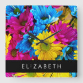 Kleurrijke bloemen, madeliefjes, boho, Jouw naam Vierkante Klok (Voorkant)