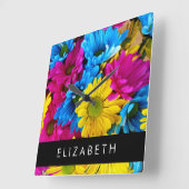 Kleurrijke bloemen, madeliefjes, boho, Jouw naam Vierkante Klok (Hoek)