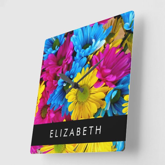 Kleurrijke bloemen, madeliefjes, boho, Jouw naam Vierkante Klok (Hoek)