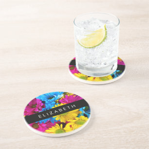 Kleurrijke bloemen, madeliefjes, boho, Jouw naam Zandsteen Onderzetter