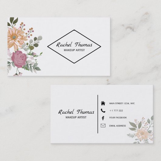 Kleurrijke Bloemen Make-up Artiest Visitekaartje (Voorkant / Achterkant)