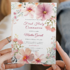 Kleurrijke bloemen Meisje Eerste Heilige Communie Kaart