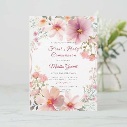 Kleurrijke bloemen Meisje Eerste Heilige Communie Kaart (Staand voorkant)