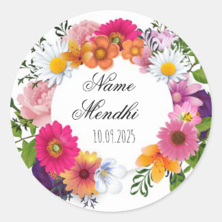 Kleurrijke bloemen Mendhi voorkeur stickers. Ronde Sticker