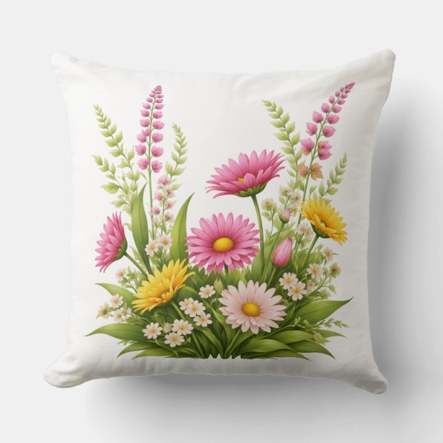 Kleurrijke bloemen met bladeren en knoppen kussen (Voorkant)