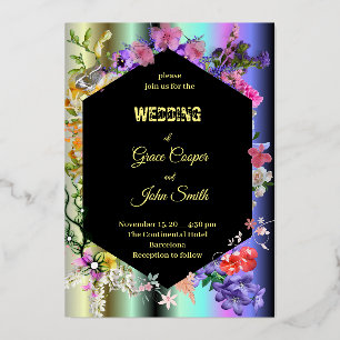 Kleurrijke bloemen met geometrische rand folie uitnodiging