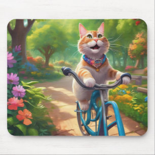 Kleurrijke Bloemen met Kat op Fiets Muismat