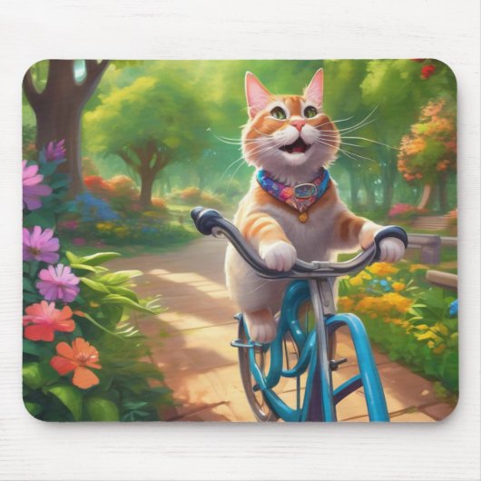 Kleurrijke Bloemen met Kat op Fiets Muismat (Voorkant)