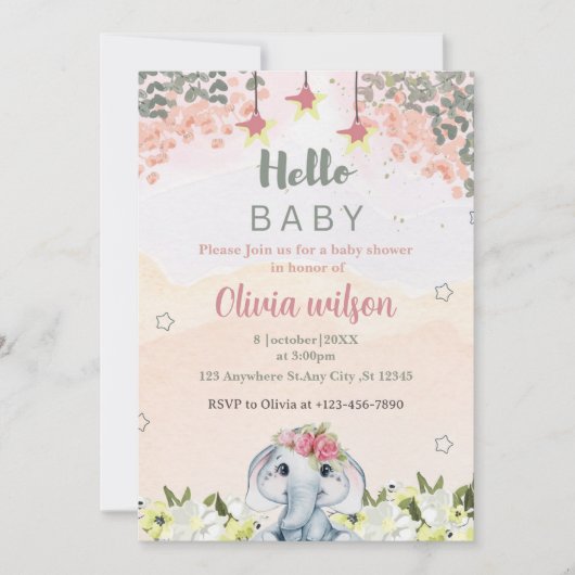 Kleurrijke bloemen met schattig olifant party kaart (Voorkant)