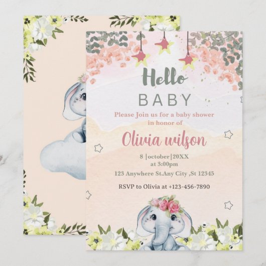 Kleurrijke bloemen met schattig olifant party kaart (Voorkant / Achterkant)