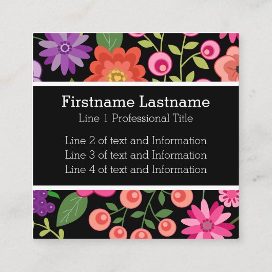Kleurrijke bloemen met zwart achtergrondmonogram vierkante visitekaartje (Achterkant)