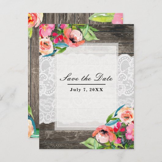 Kleurrijke bloemen Moderne houtskant Opslagdatum Aankondigingskaart (Voorkant / Achterkant)