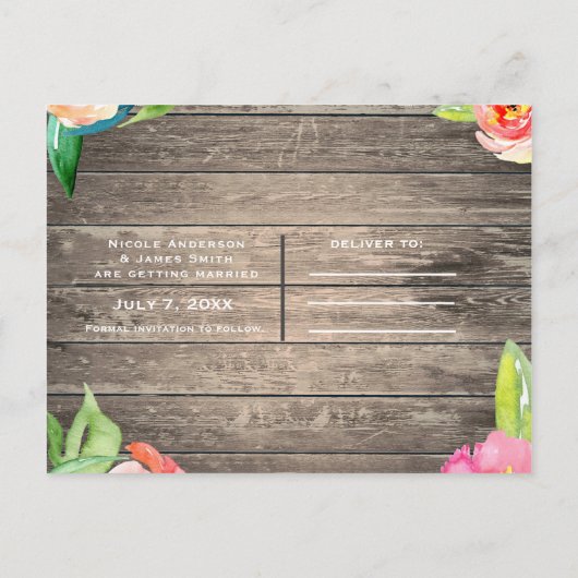 Kleurrijke bloemen Moderne houtskant Opslagdatum Aankondigingskaart (Achterkant)