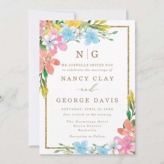 Kleurrijke Bloemen Monogram Goud Lijst Wedding Kaart (Voorkant)