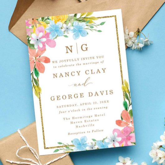 Kleurrijke Bloemen Monogram Goud Lijst Wedding Kaart