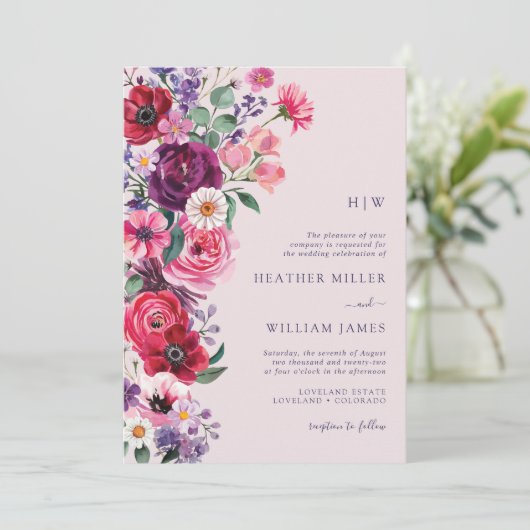 Kleurrijke Bloemen Monogrammed Wedding Kaart (Staand voorkant)
