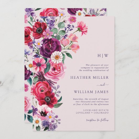 Kleurrijke Bloemen Monogrammed Wedding Kaart (Voorkant / Achterkant)