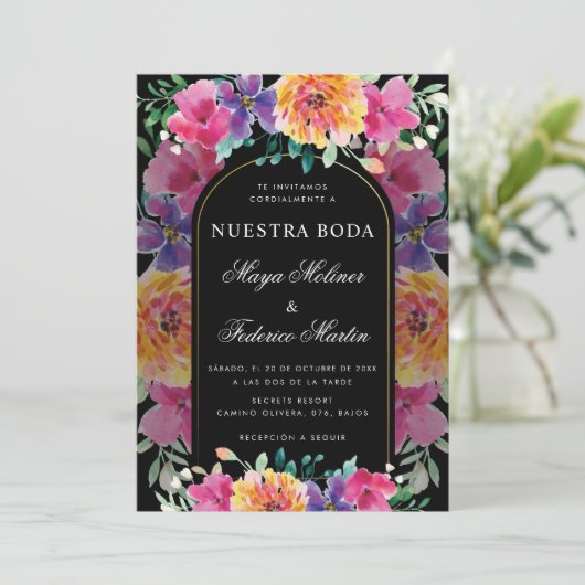Kleurrijke Bloemen Nuestra Boda Spaanse bruiloft Kaart