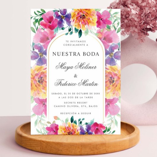Kleurrijke Bloemen Nuestra Boda Spaanse bruiloft Kaart